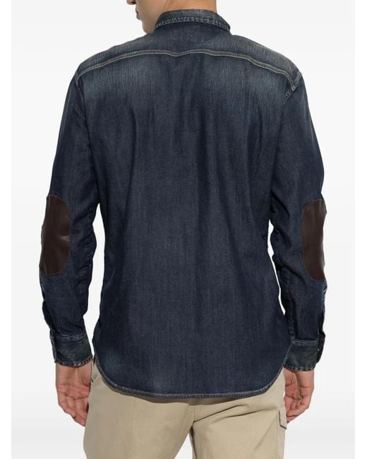 DSquared² Blue Faded Leather-Patch Denim Shirt for men