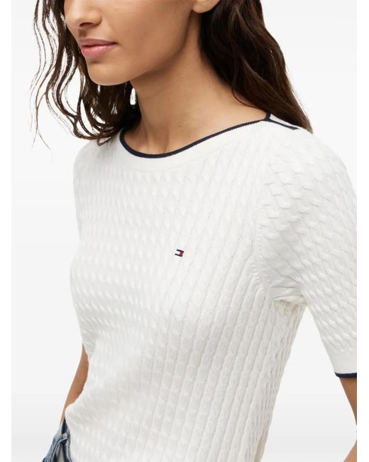 Tommy Hilfiger White Cable-Knit Short-Sleeve Sweater