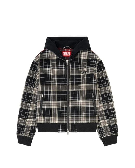 DIESEL Black Check-Flannel Bomber Jacket With Teddy Interior for men