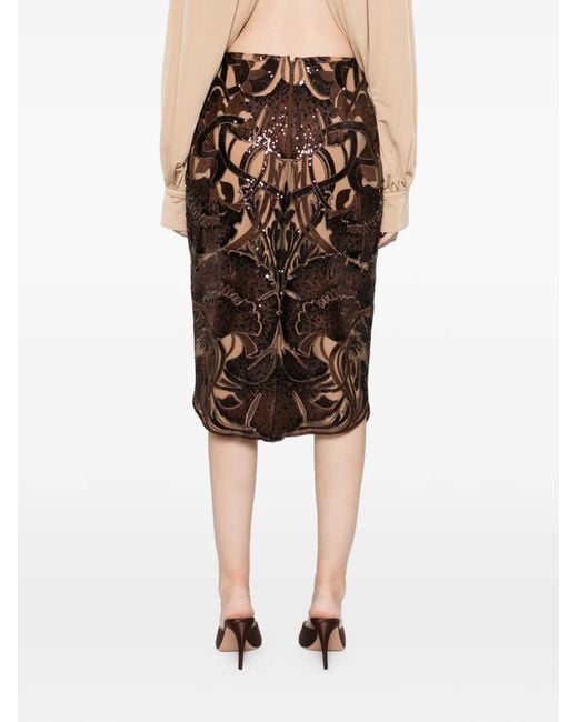 Elie Saab Brown Sequin Floral Midi Skirt