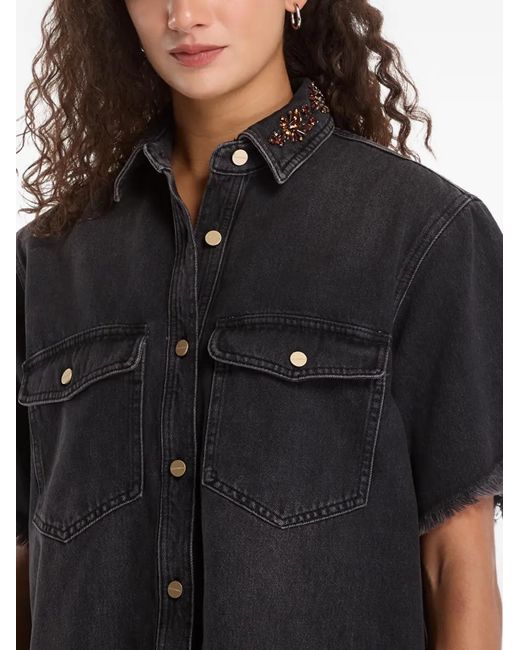 AllSaints Black Embellished-Collar Frayed-Edge Shirt Mini Dress