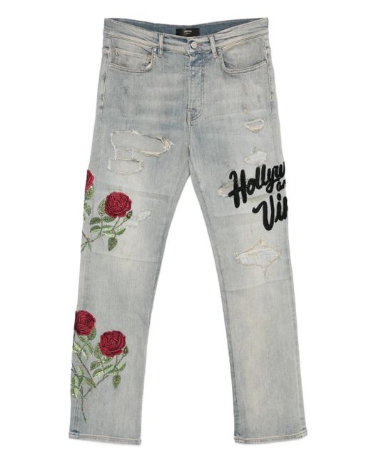 Amiri Gray Rose-Embroidered Distressed Jeans for men