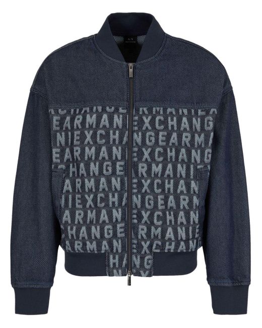 Armani Exchange Blue Logo-embroidered Denim Bomber Jacket for men