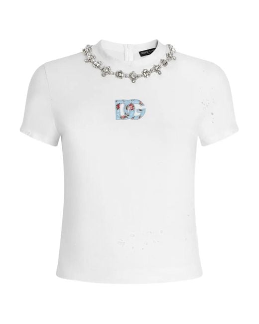 Dolce & Gabbana White Floral-Detail Crew Neck T-Shirt