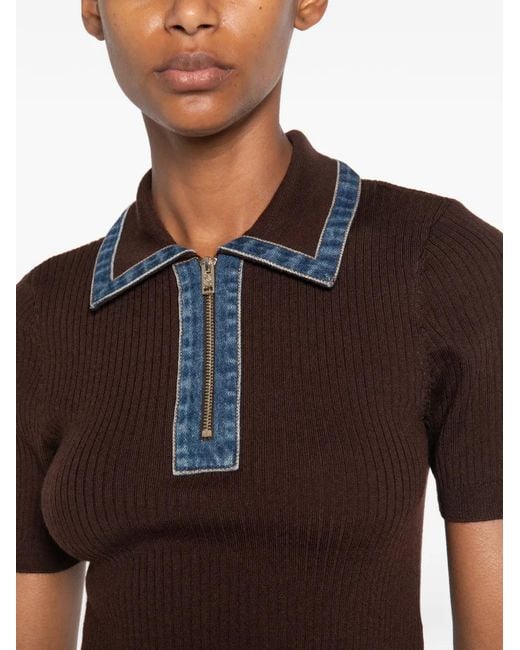 Sandro Brown Ribbed-Knit Polo Top