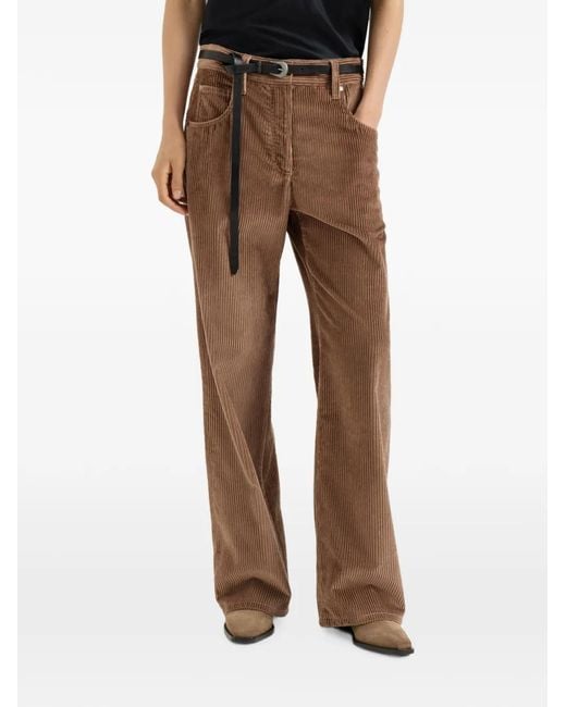 Brunello Cucinelli Brown Cotton Corduroy Straight Five-Pocket Trousers With Monili