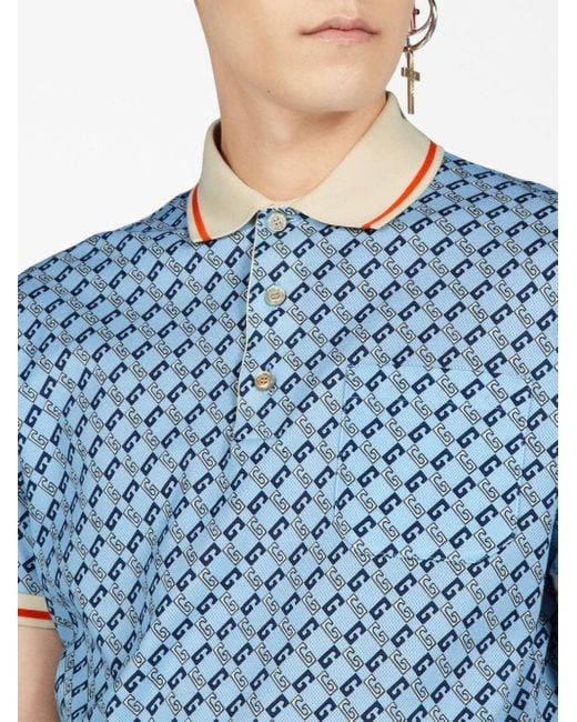 Gucci Blue Geometric G Cotton Piquet Polo Shirt for men
