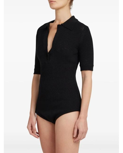 Cashmere In Love Black Crochet Knit Cotton-Cashmere Polo Bodysuit