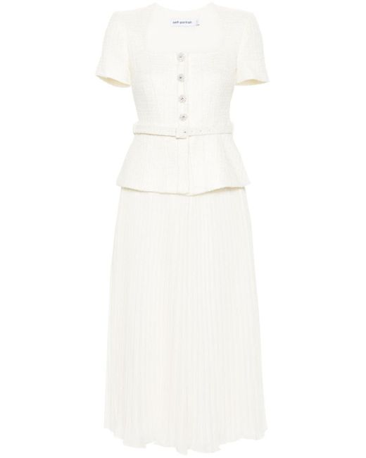 Self-Portrait Belted Bouclé Pleated Dress in het White