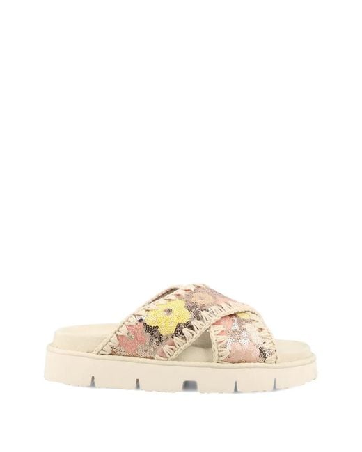 Mou Natural Sequin-Embellished Flat Sandals