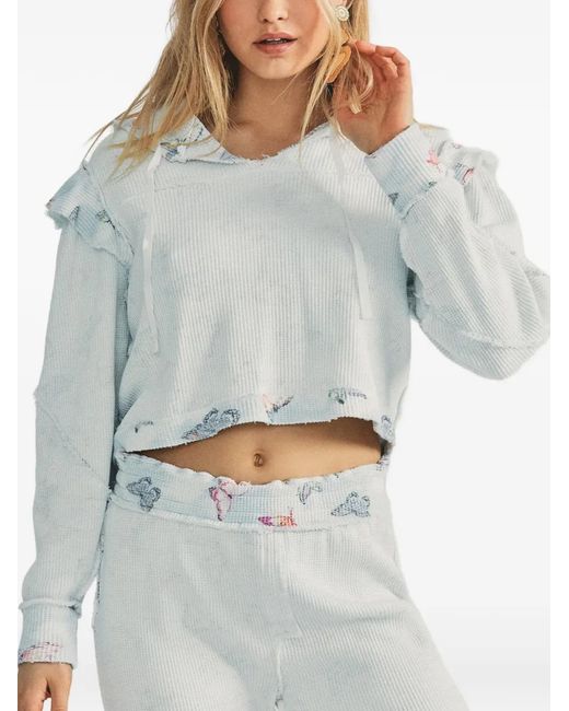LoveShackFancy Gray Ruffled-Detail Butterfly-Print Hoodie