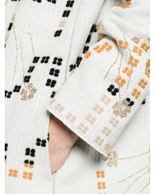 Forte_forte White Geometric-Pattern Fringed-Trim Coat