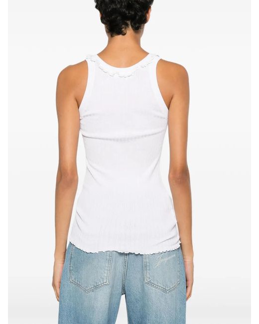 Miu Miu White Ruffle-Trim Ribbed-Knit Silk Tank Top