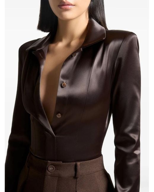 Manière De Voir Brown Wide Shoulder Satin Shirt Bodysuit