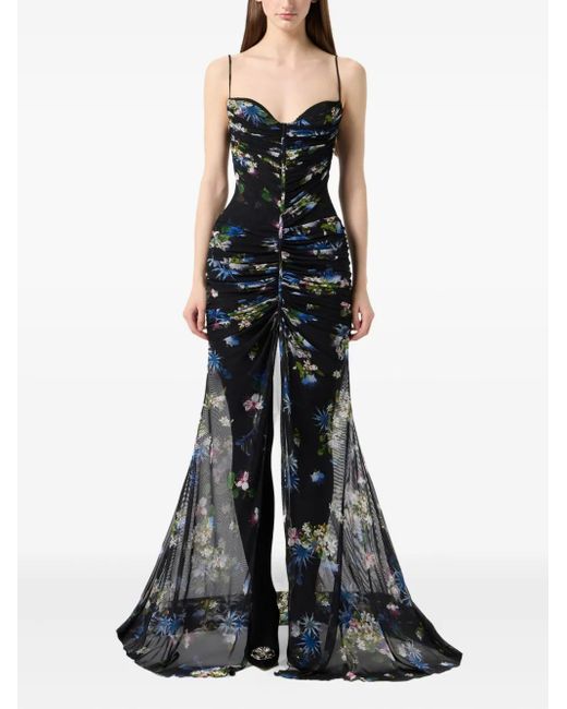 Blumarine Black Floral-Print Ruched Maxi Dress