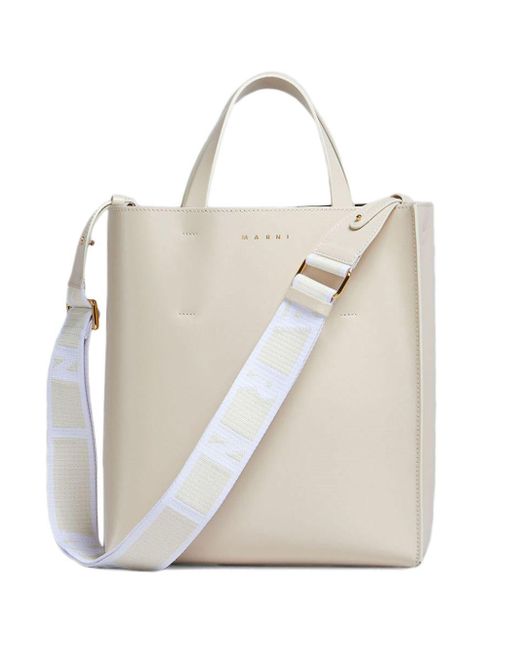 Marni White Logo-Strap Leather Tote Bag