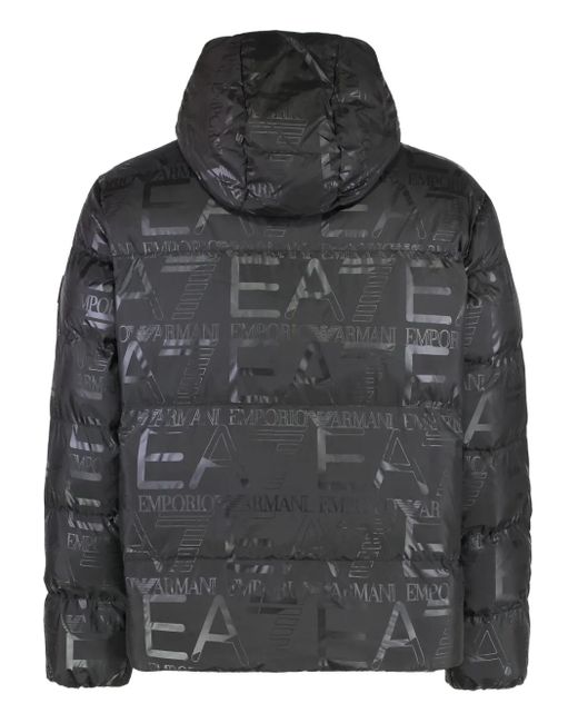EA7 Black Logo-Print Hooded Down Jacket for men