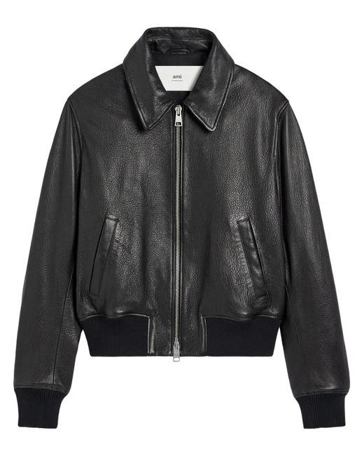 AMI Black Zipped Leather Jacket