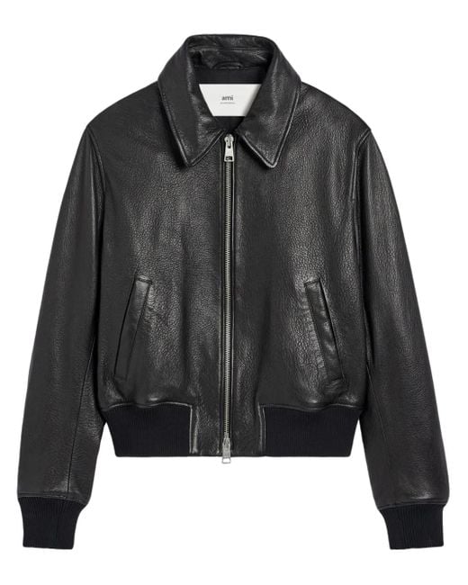 AMI Black Zipped Leather Jacket