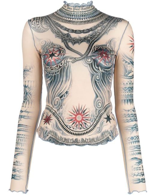 Jean Paul Gaultier Brown Tattoo-print Mesh Top