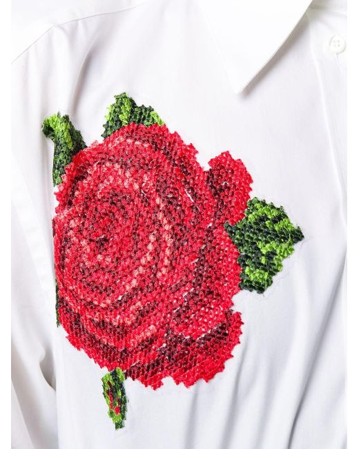 Dolce & Gabbana White Rose-embroidered Cotton Poplin Shirt