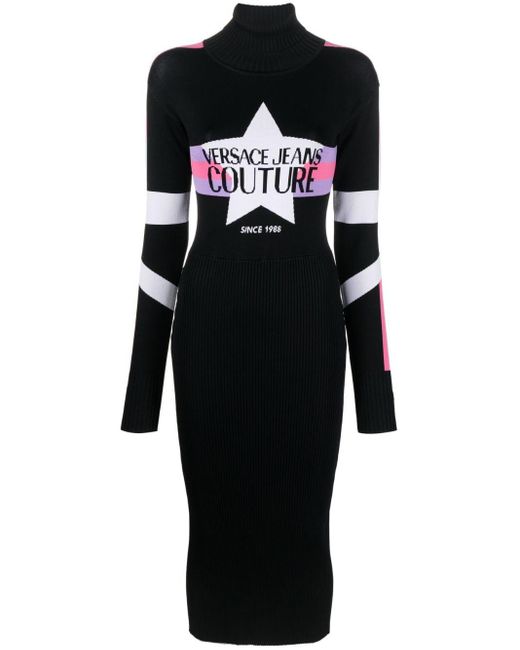 Robe-pull en maille à logo intarsia Versace en coloris Black