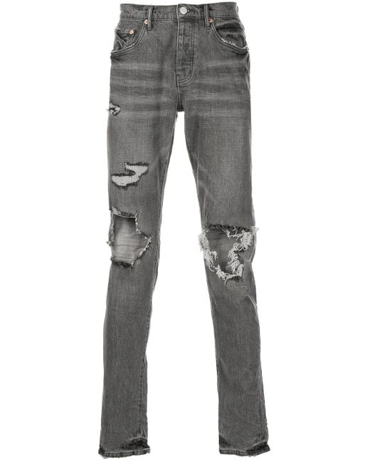 Purple Brand Gray Faded Distressed Slim-Cut Jeans for men