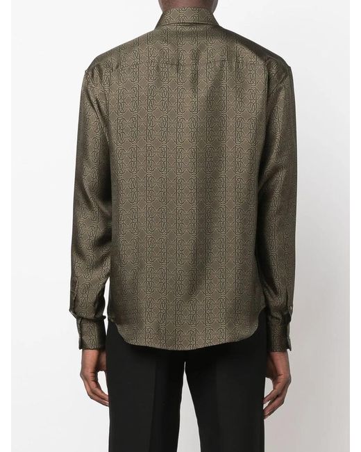 Roberto Cavalli Green Monogram-Print Silk Shirt for men