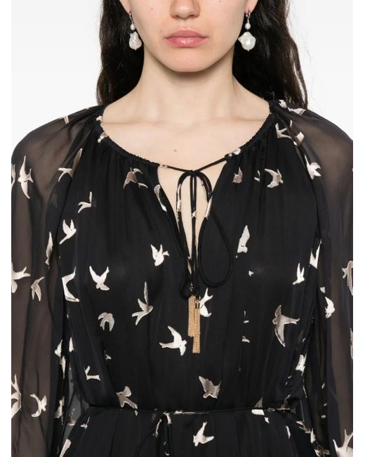Zimmermann Black Bird Print Dress With Ruffles