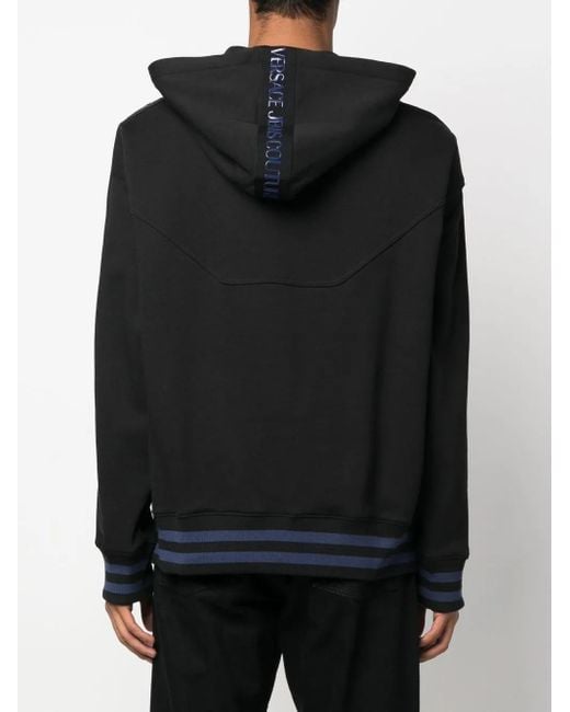 Versace Jeans Couture Black Logo-Print Striped-Trim Hoodie for men