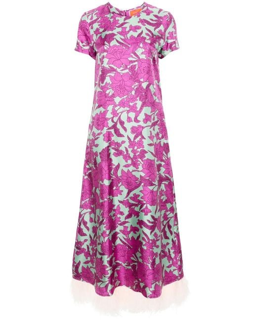 LaDoubleJ Purple Swing Feather-trimmed Floral-print Silk-twill Maxi Dress