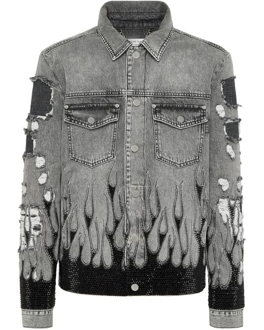 Philipp Plein Gray Strass Flame Oversize Denim Jacket for men