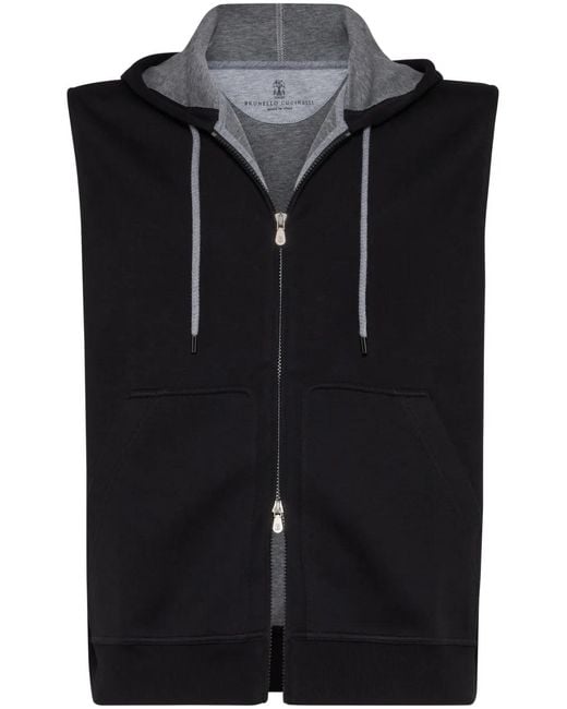 Brunello Cucinelli Black Cotton Blend Sleeveless Hooodie for men