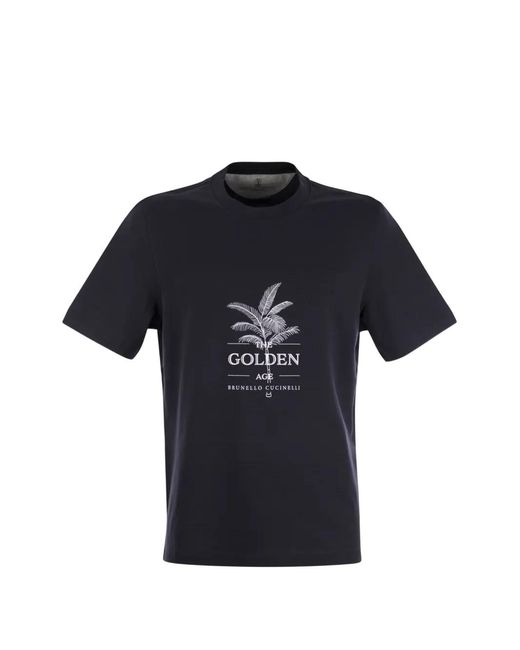 Brunello Cucinelli Blue Graphic-Print Cotton T-Shirt for men