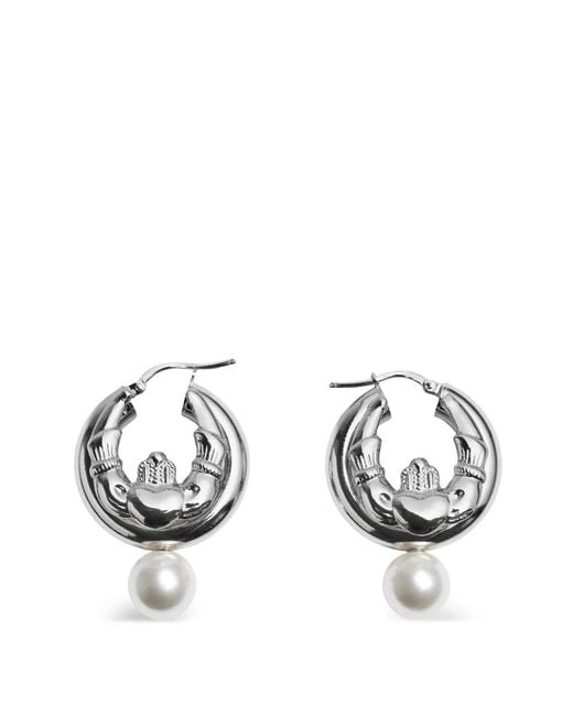 Simone Rocha Metallic Claddagh Pearl Hoop Earrings