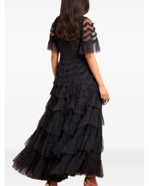 Needle & Thread Black Aviana Ruffled Short-Sleeves Maxi Dress