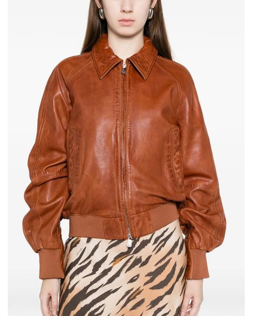 Pinko Brown Barbra Bomber Leather Jacket