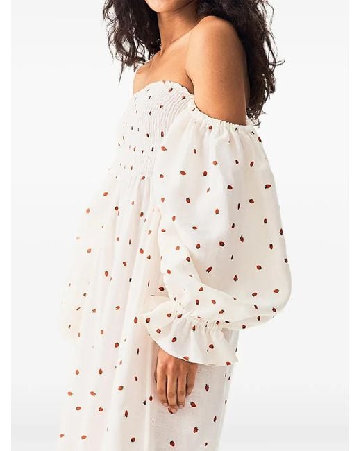 Sleeper White Atlanta Strawberry-Print Linen Midi Dress