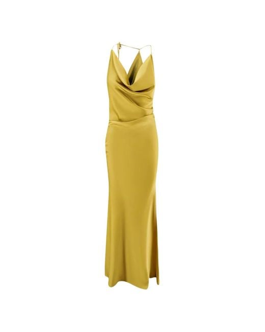 ACTUALEE Metallic Draped-Neck Satin Maxi Dress