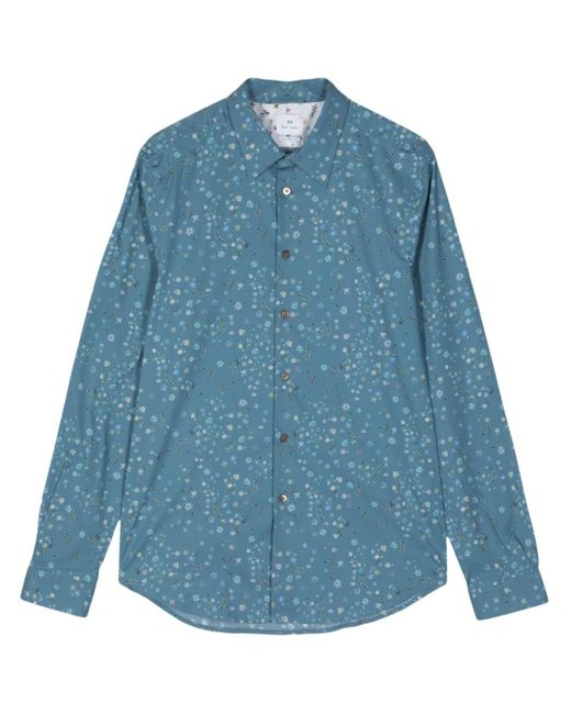 PS by Paul Smith Blue Floral-print Long-sleeve Shirt for men