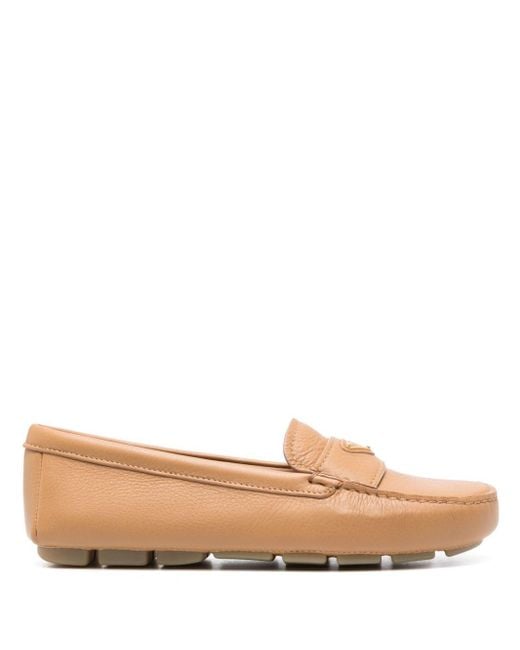 Prada Natural Triangle-logo Leather Driving Loafers