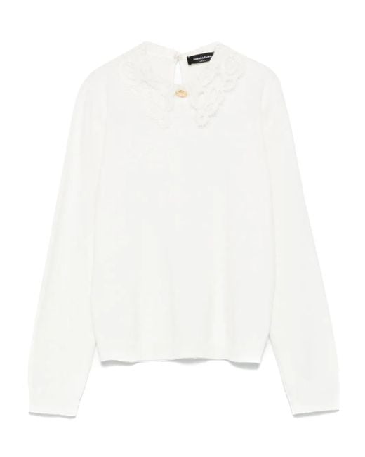 Fabiana Filippi White Short Sleeve Sweater Lace Collar Pepita Detail