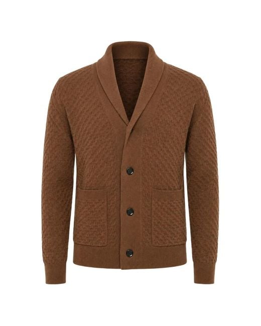 Paolo Pecora Brown Shawl-Collar Waffle-Knit Cardigan for men