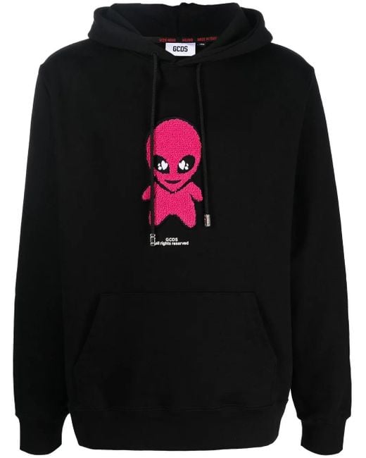 Gcds Black Cotton Drawstring Sweatshirt With Alien Patch for men