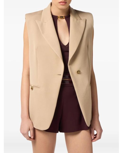 Elisabetta Franchi Natural Embellished-Button Sleeveless Waistcoat