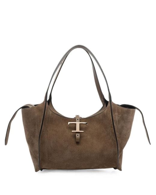 Tod's Brown T Timeless Suede Tote Bag