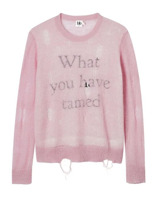 B+ AB Pink Distressed-Details Crew-Neck Sweater