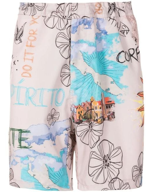 Amir Slama Blue Graphic-Print Silk Shorts for men