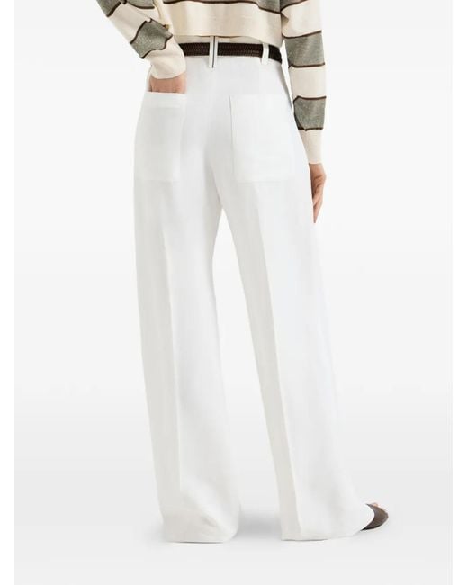 Brunello Cucinelli White Viscose And Linen Fluid Twill Wide Trousers With Monili