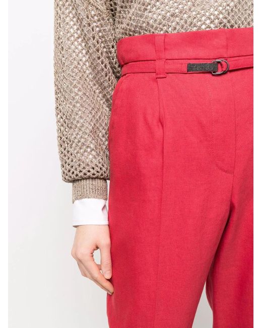 Brunello Cucinelli Red Cropped-Hose Mit Paperbag-Taille
